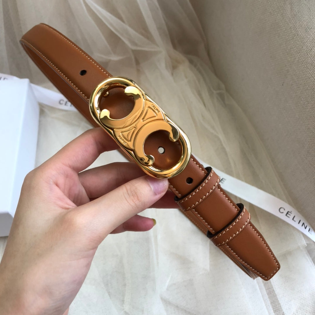 CELINE 25S BELT 25MM IN DARK CARAMEL CALFSKIN GOLD HARDWARE 562437