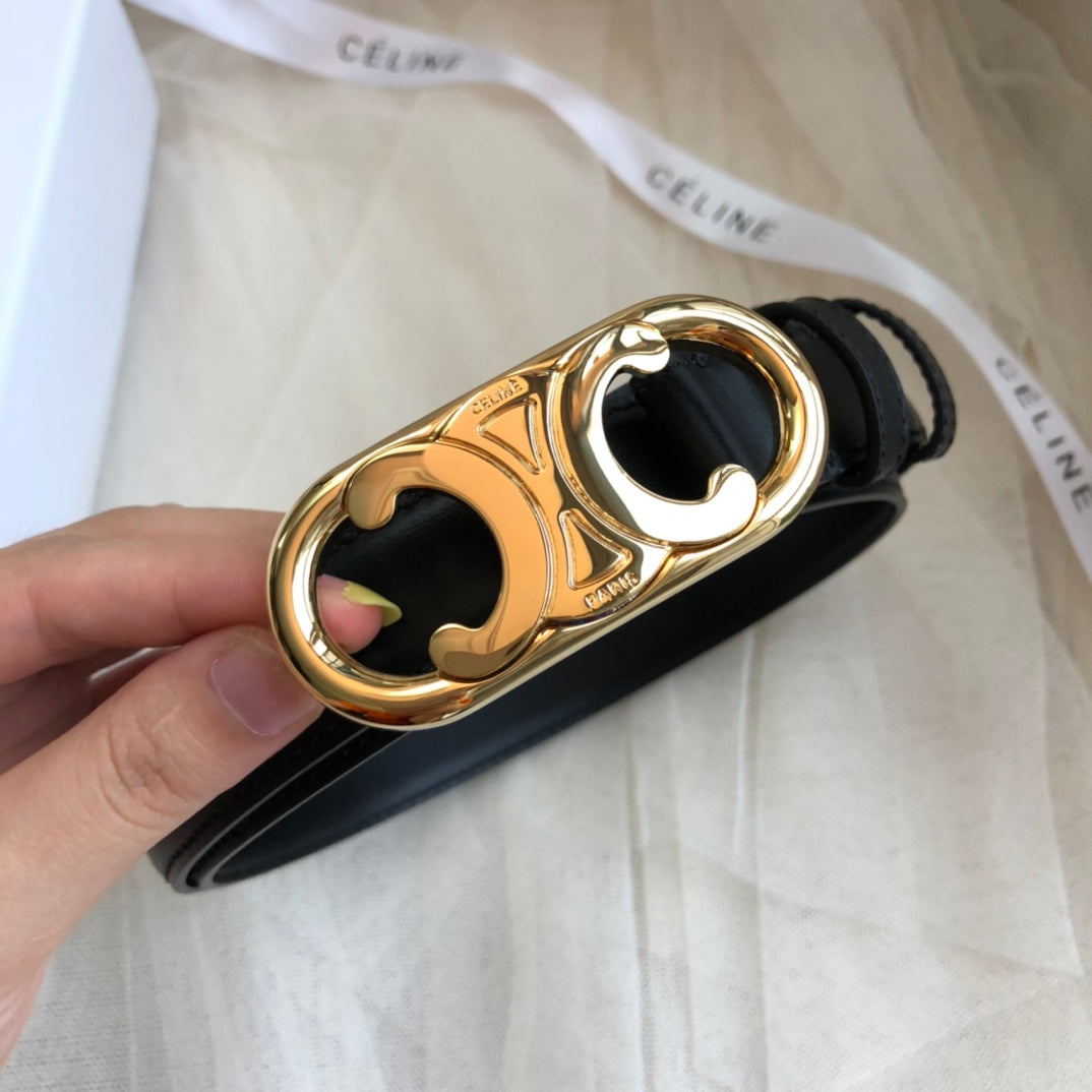 CELINE 25S TRIOMPHE BELT 25MM IN BLACK CALFSKIN GOLD HARDWARE 585857