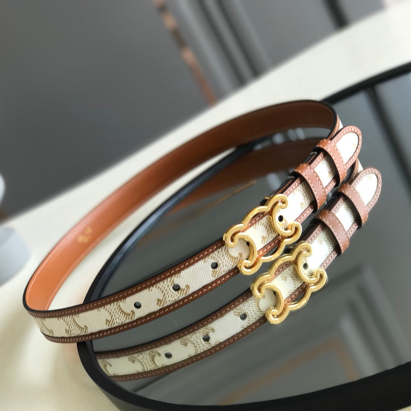 CELINE 25S BELT TRIOMPHE 25MM IN WHITE CALFSKIN AND CANVAS 559677