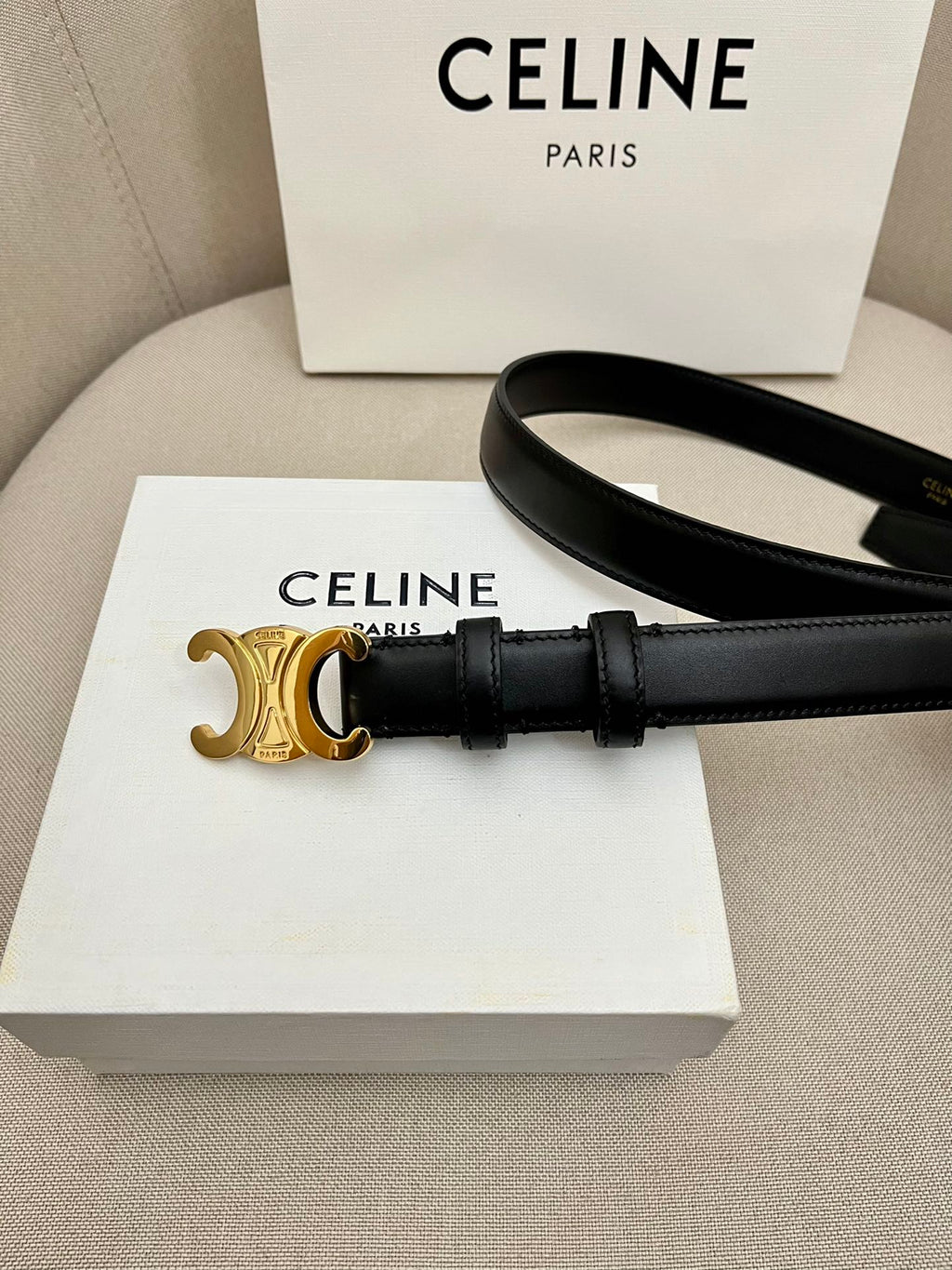 CELINE 25S TRIOMPHE 25MM BELT IN BLACK CALFSKIN GLOD HARDWARE