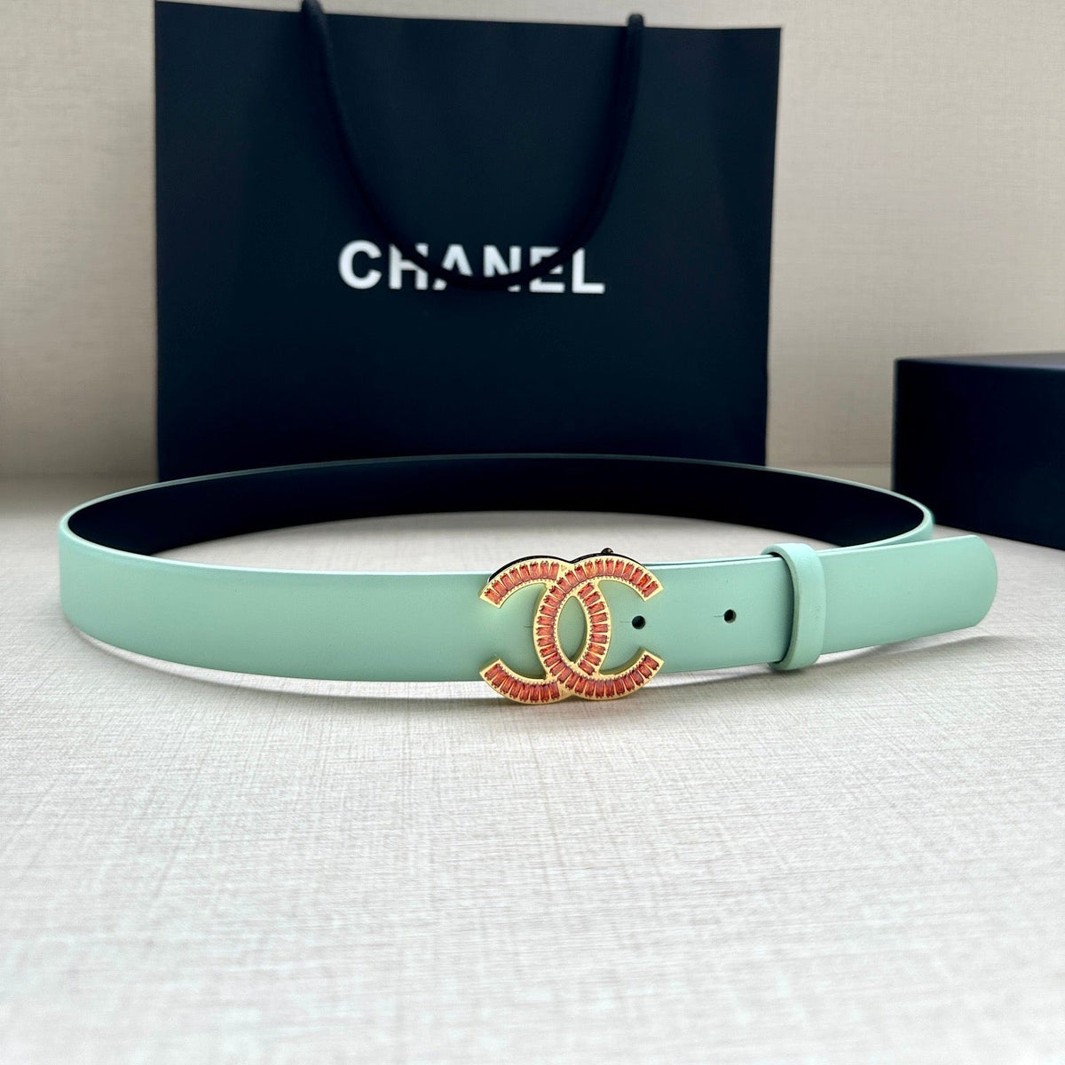 CHANEL 25S BELT 30 MM IN MINT GREEN CALFSKIN 616962