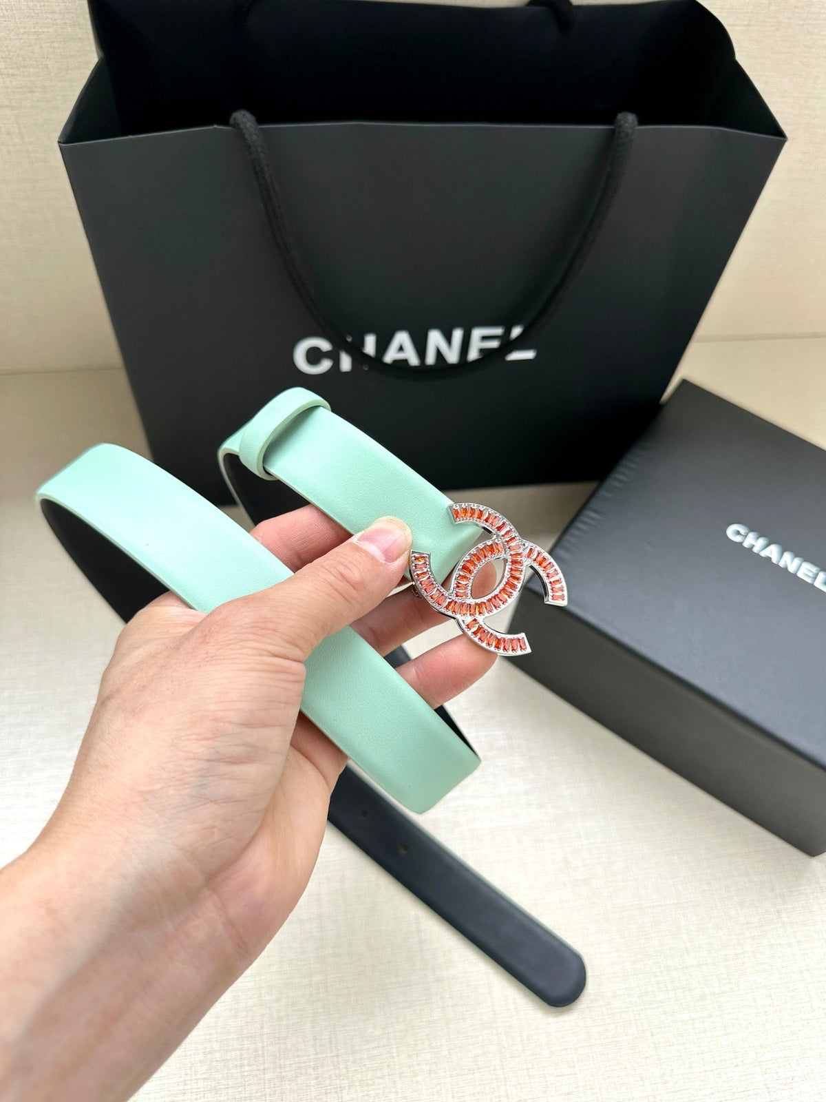 CHANEL 25S BELT 30 MM IN MINT GREEN CALFSKIN 616962