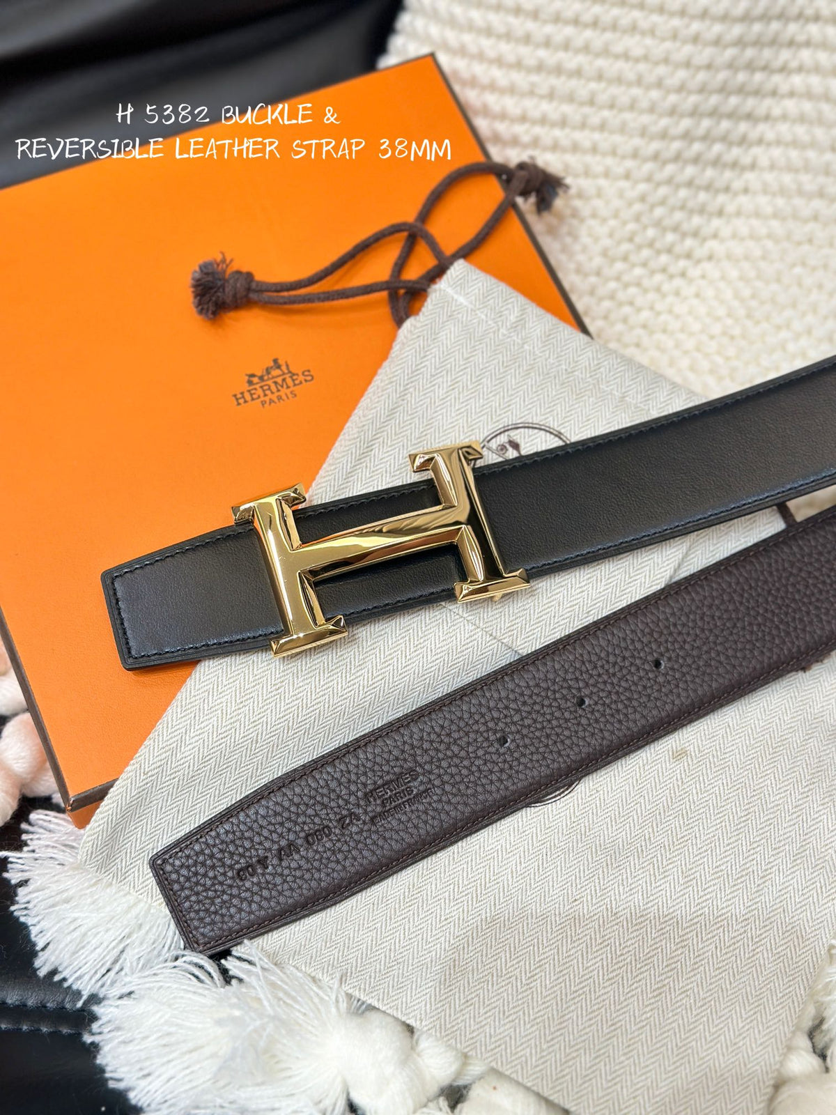HERMES 5382 BELT GOLD BUCKLE & REVERSIBLE BLACK LEATHER STRAP 38MM