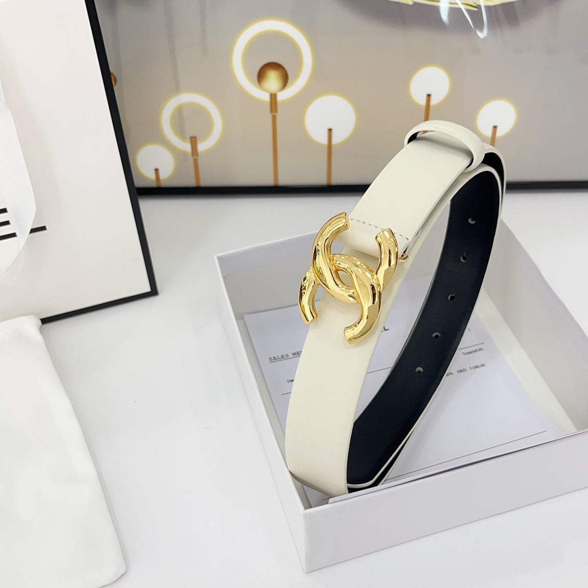 CHANEL DOUBLE C BELT 30MM IN WHITE CALFSKIN WITH SHINY GOLD BUCKLE