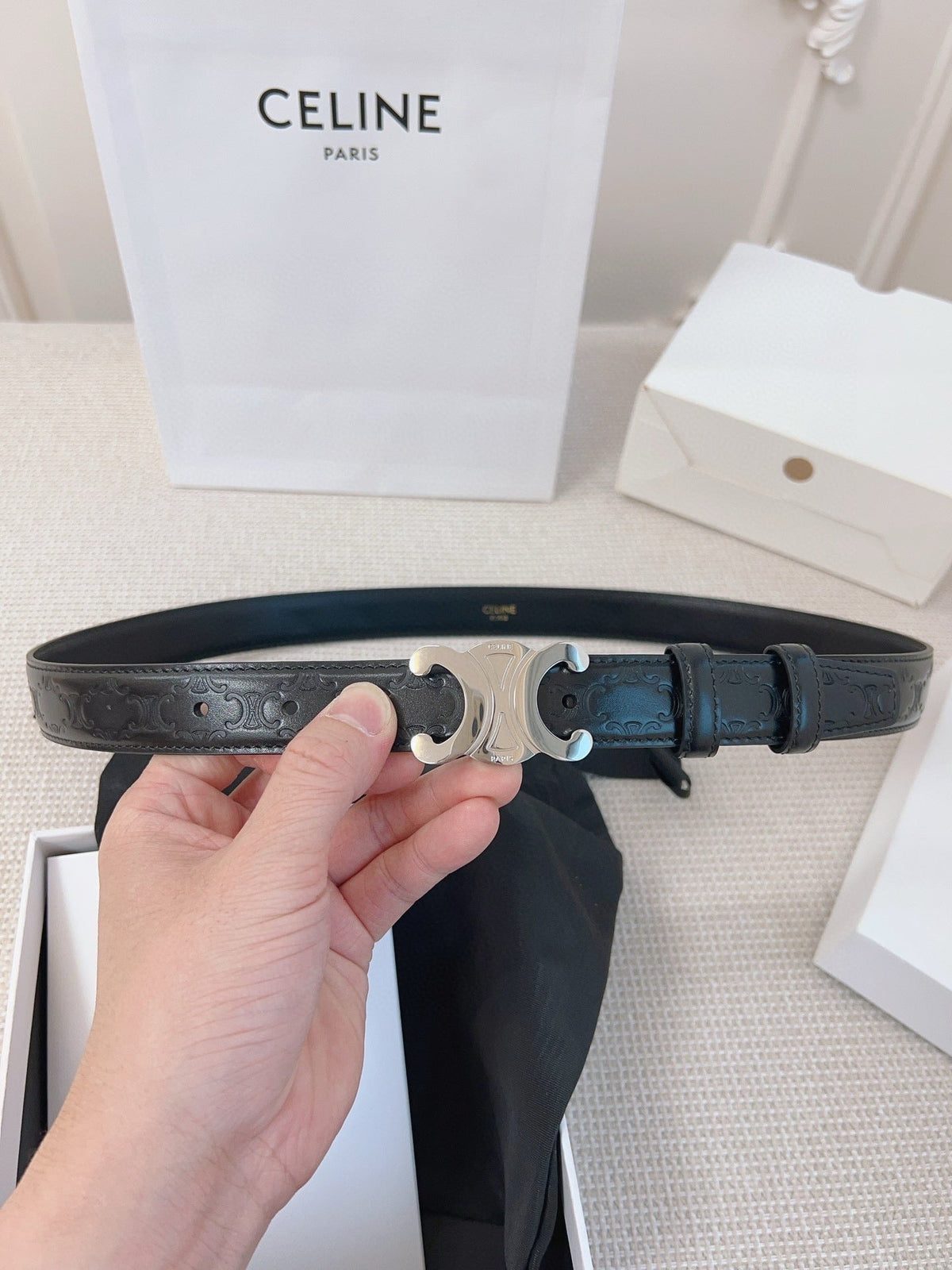 CELINE 25S BELT 25MM TRIOMPHE IN BLACK CALFSKIN SILVER HARDWARE 563333