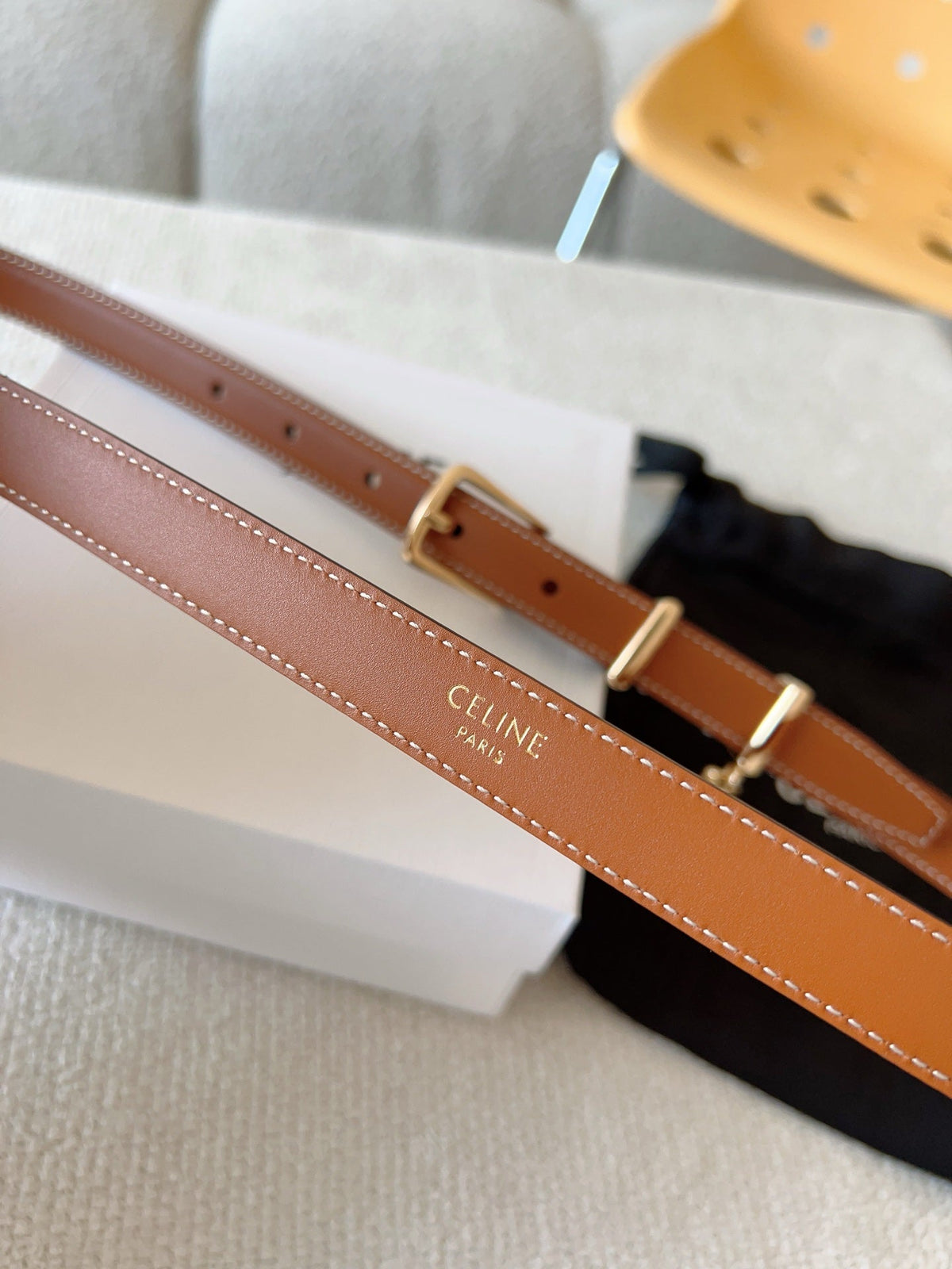 CELINE 25S BELT 18MM IN CARAMEL ELEGANT CHARM TAURILLON GOLD HARDWARE 585791