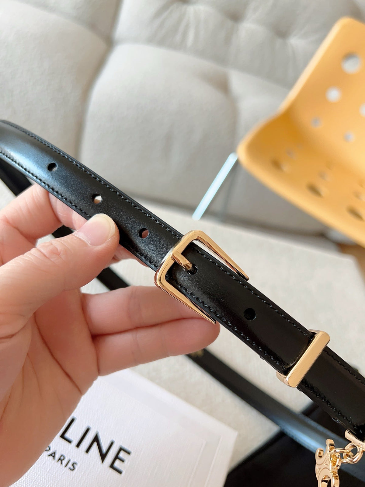CELINE 25S BELT 18MM IN BLACK ELEGANT CHARM TAURILLON GOLD HARDWARE 585792
