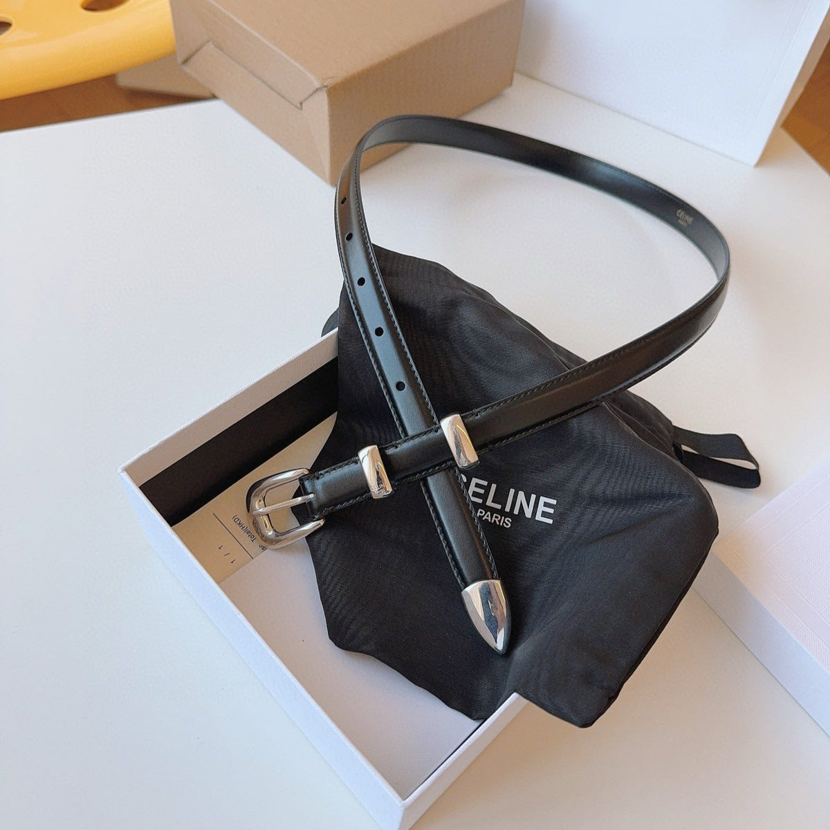 CELINE 25S SMALL 18MM WESTERN BELT IN BLACK CALFSKIN 566641