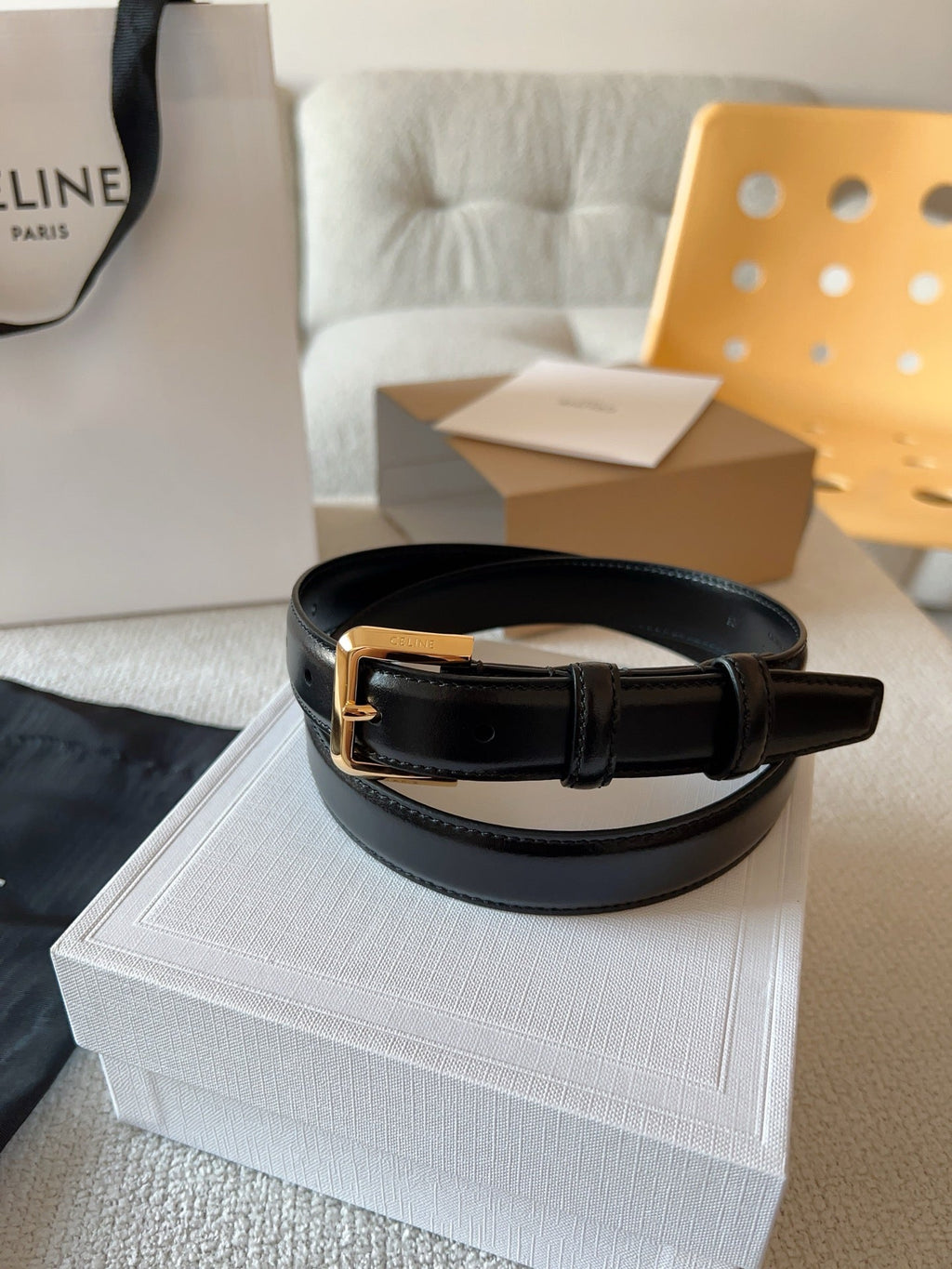 CELINE 25S BELT 25MM IN BLACK CALFSKIN GOLD HARDWARE 561796
