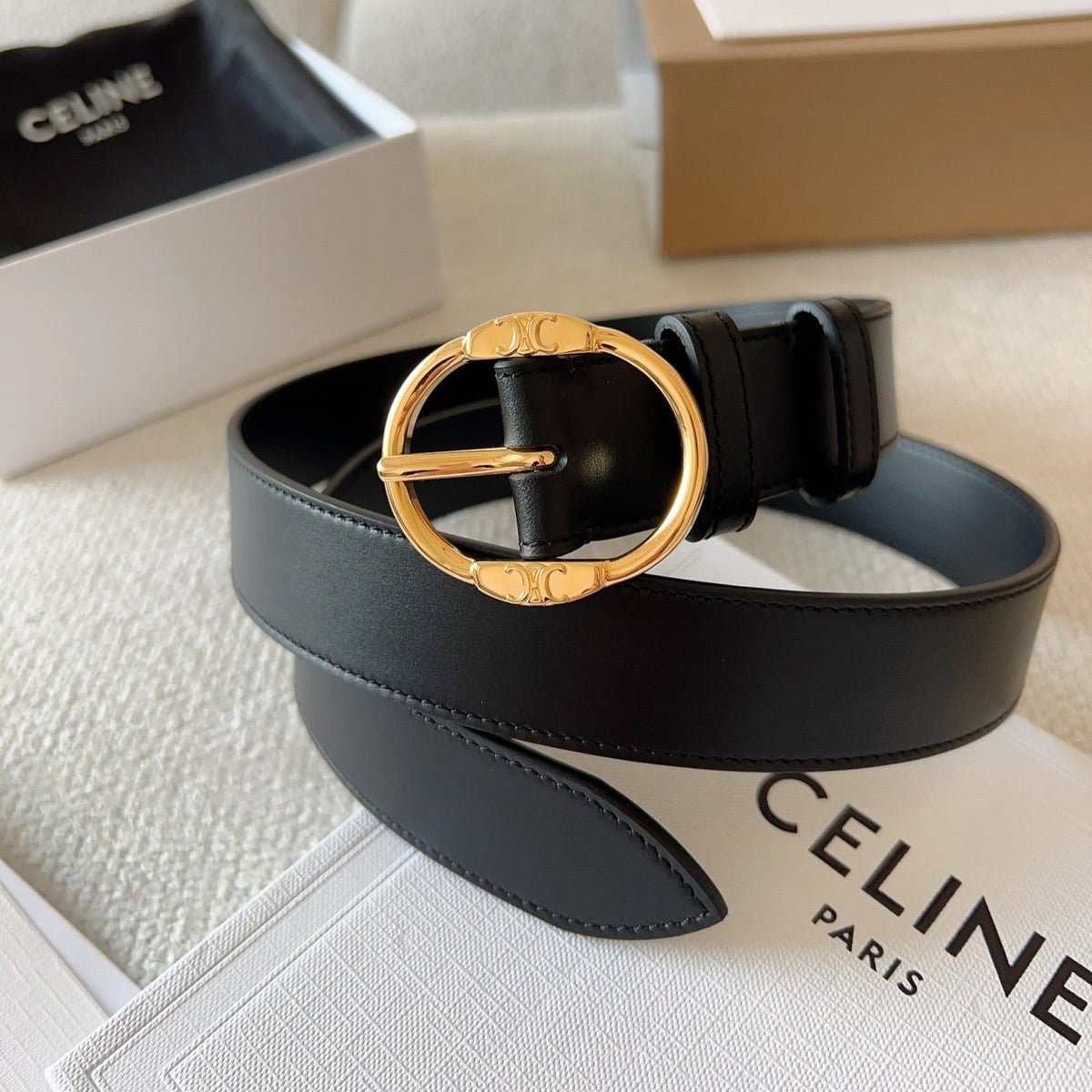CELINE 25S SMALL 30MM WESTERN BELT IN BLACK CALFSKIN 566636