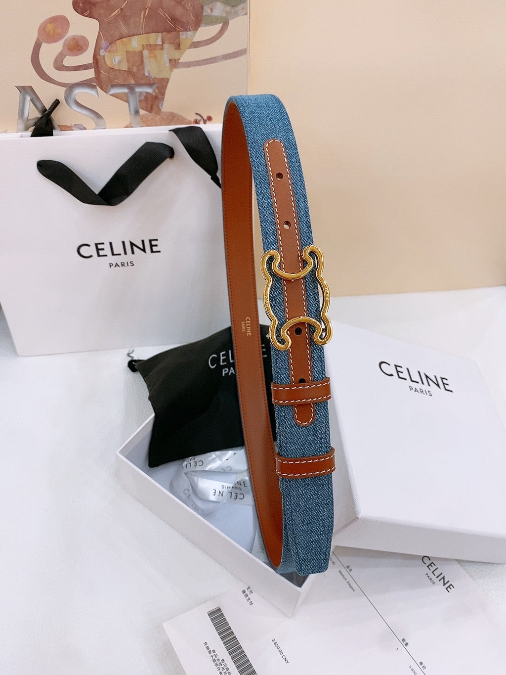 CELINE 25S BELT TRIOMPHE TAURILLON 25MM IN BROWN CALFSKIN AND DENIM 558351