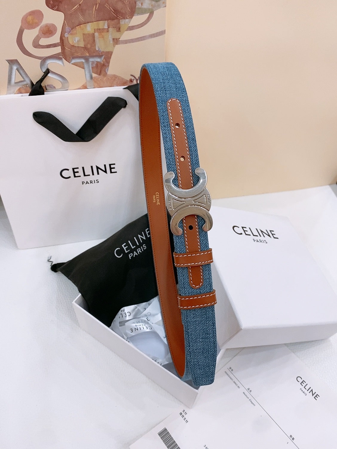 CELINE 25S BELT TRIOMPHE TAURILLON 25MM IN BROWN CALFSKIN AND DENIM 558353