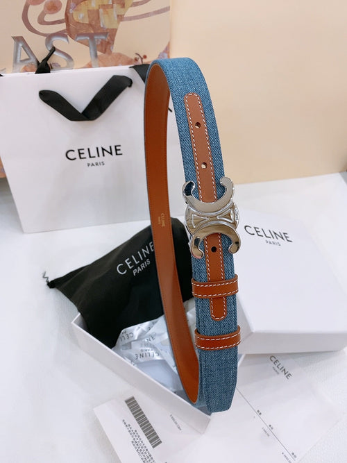 CELINE 25S BELT TRIOMPHE TAURILLON 25MM IN BROWN CALFSKIN AND DENIM 558354