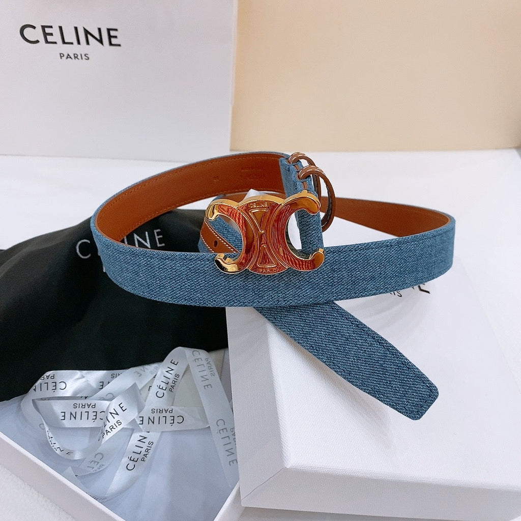 CELINE 25S BELT TRIOMPHE TAURILLON 25MM IN BROWN CALFSKIN AND DENIM 558356