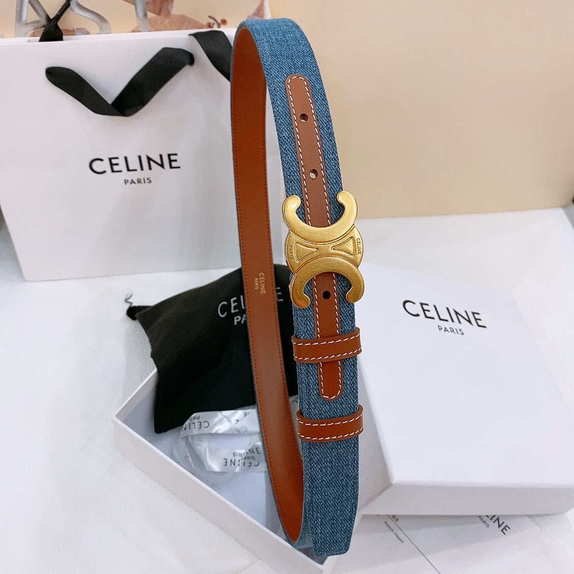 CELINE 25S BELT TRIOMPHE TAURILLON 25MM IN BROWN CALFSKIN AND DENIM 558357