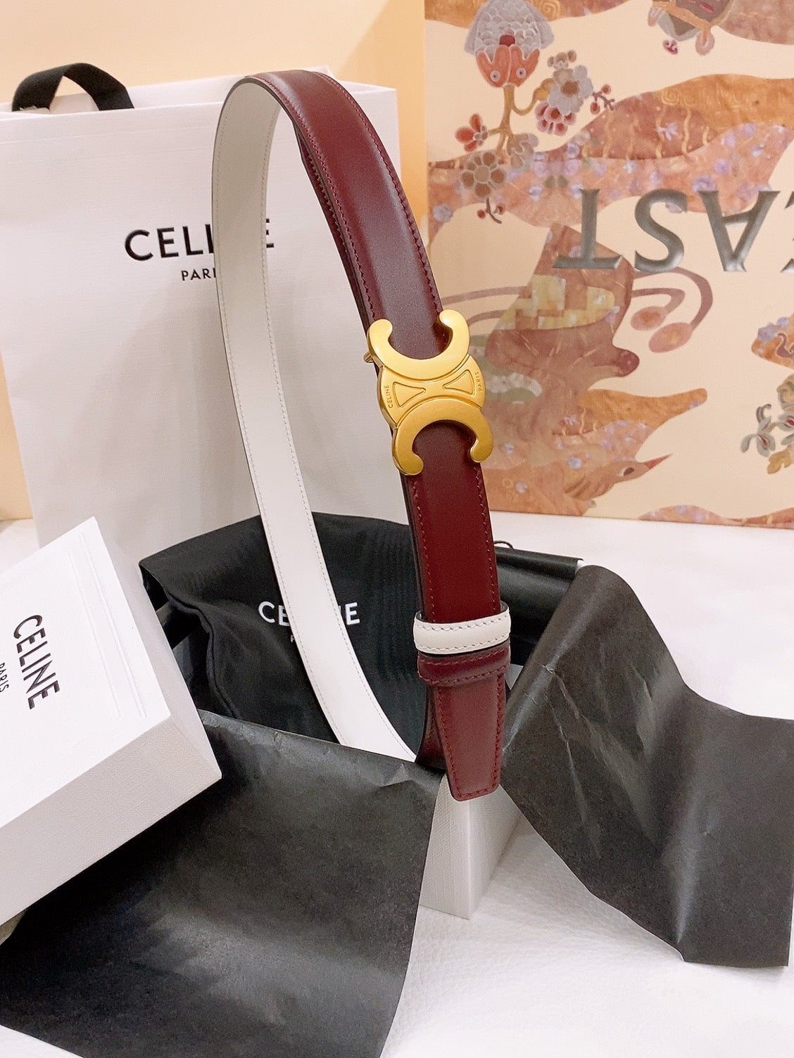 CELINE 25S BELT 25MM REVERSIBLE TRIOMPHE IN BURGUNDY CALFSKIN 565534