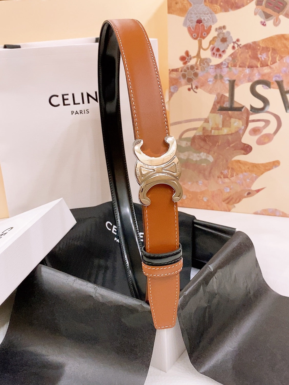CELINE 25S BELT 25MM REVERSIBLE TRIOMPHE IN BLACK BROWN CALFSKIN 565539