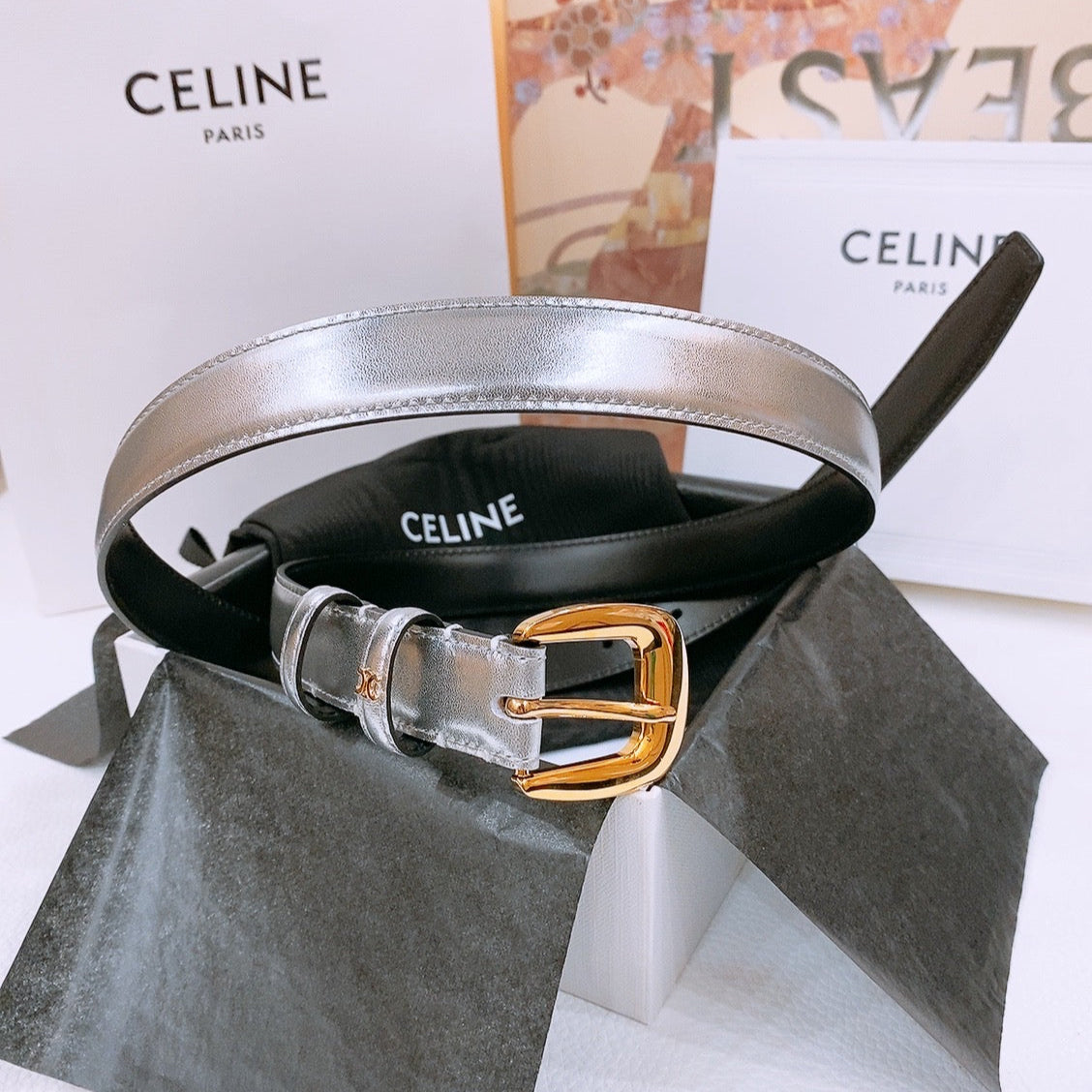 CELINE 25S BELT 25MM WITH ARC DE TRIOMPHE BUCKLE IN SILVER 571498