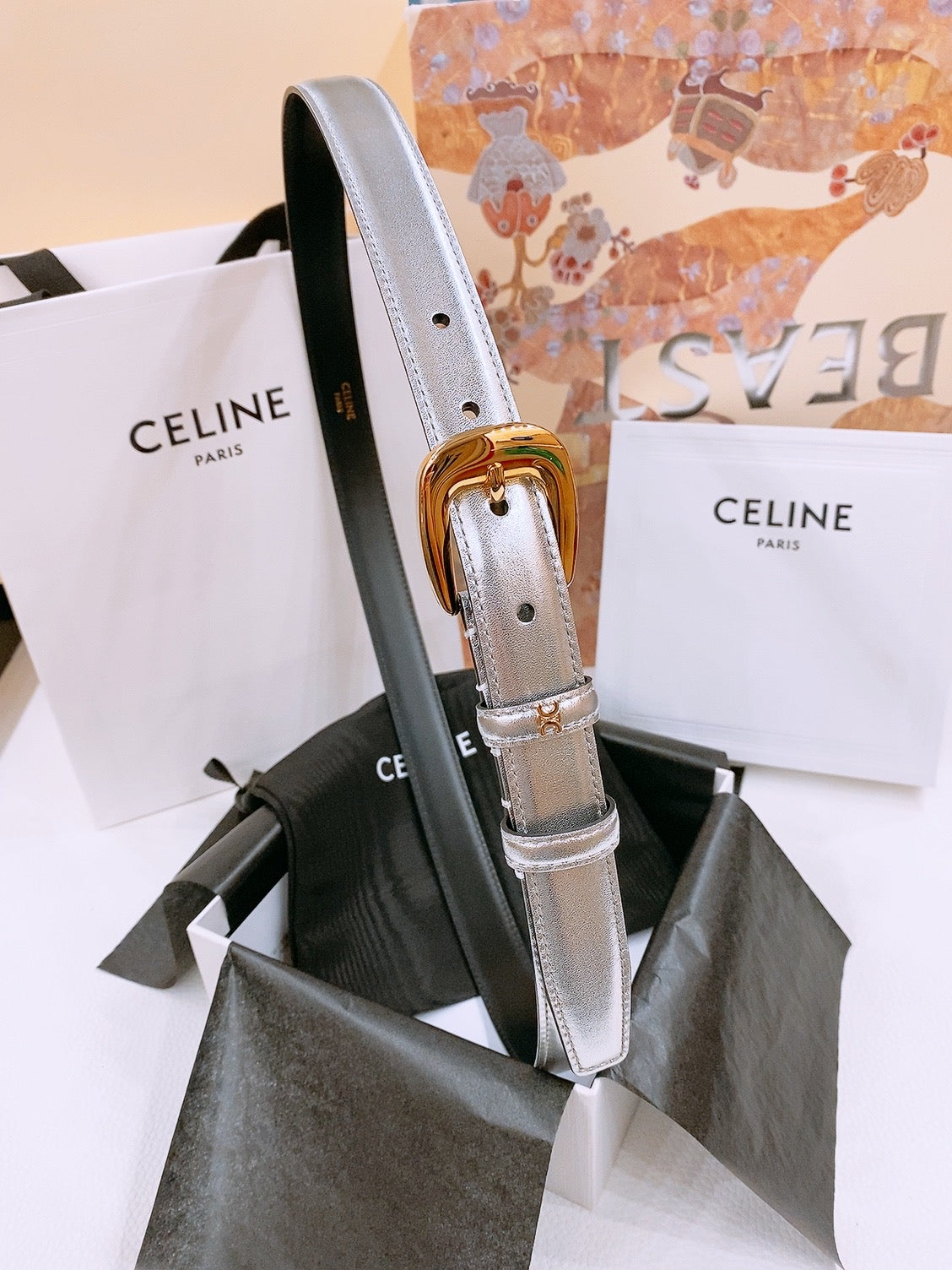 CELINE 25S BELT 25MM WITH ARC DE TRIOMPHE BUCKLE IN SILVER 571498