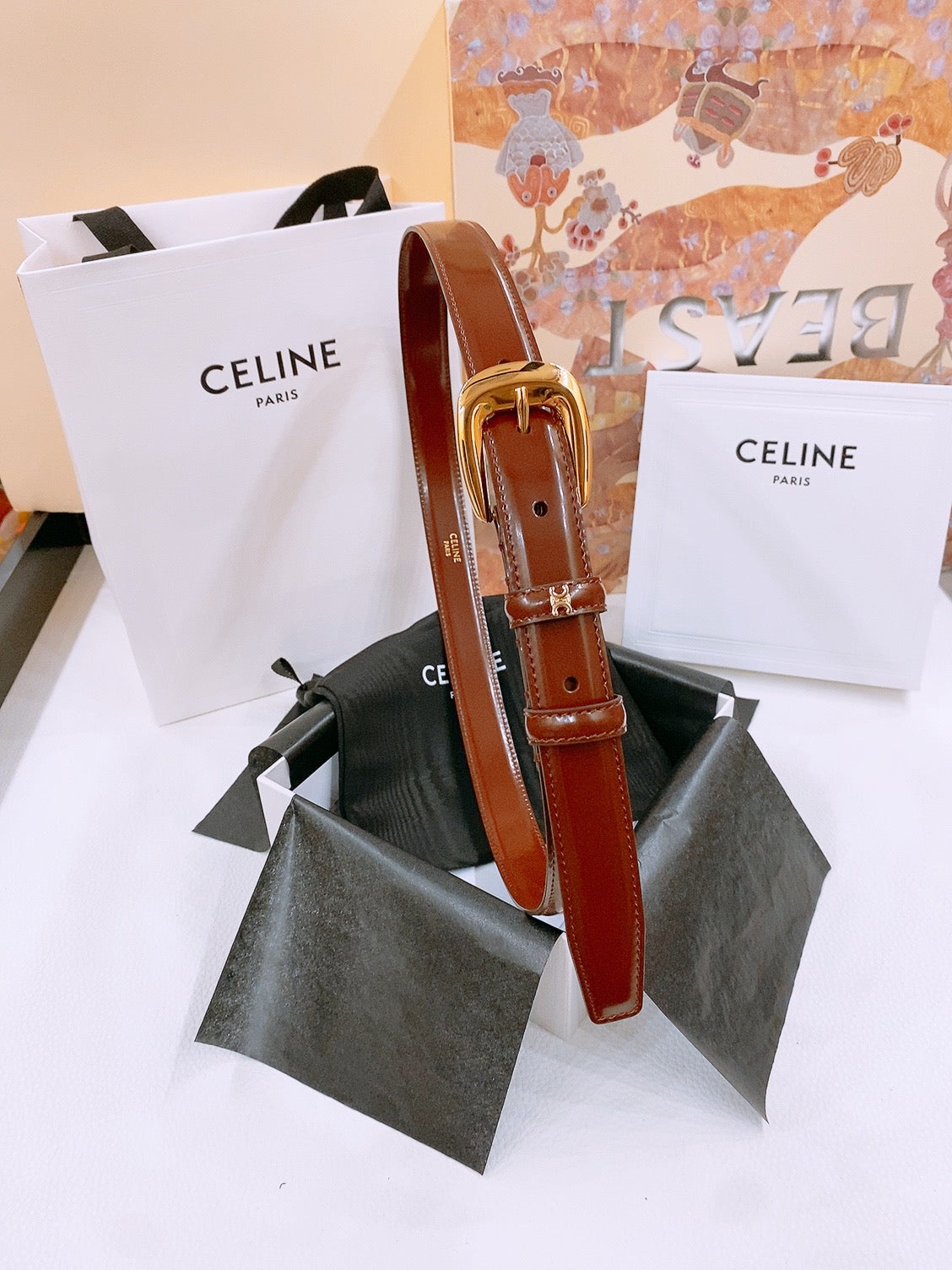 CELINE 25S BELT 25MM WITH ARC DE TRIOMPHE BUCKLE IN BURNT UMBER 571500