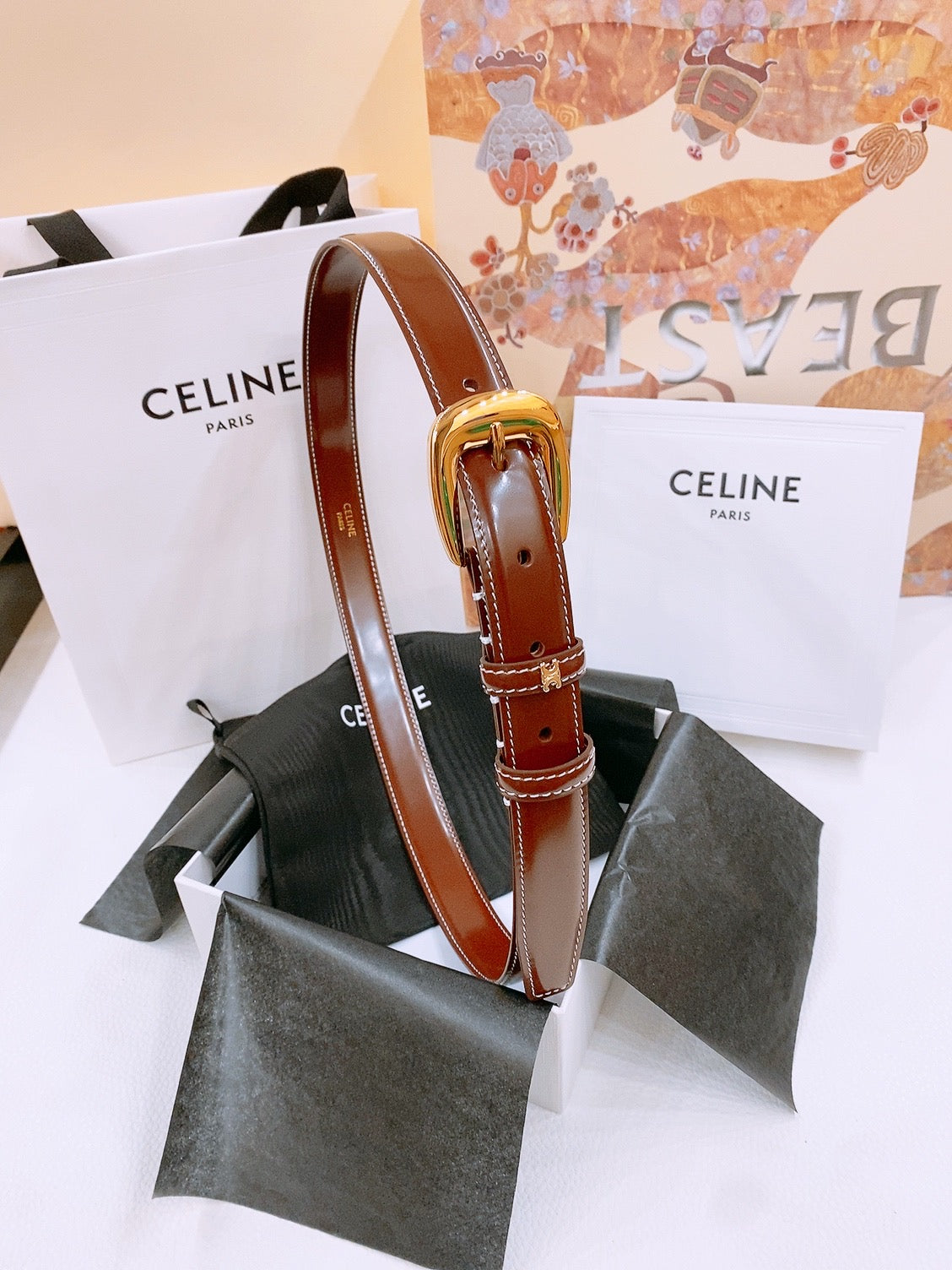 CELINE 25S BELT 25MM WITH ARC DE TRIOMPHE BUCKLE IN BURNT UMBER 571501