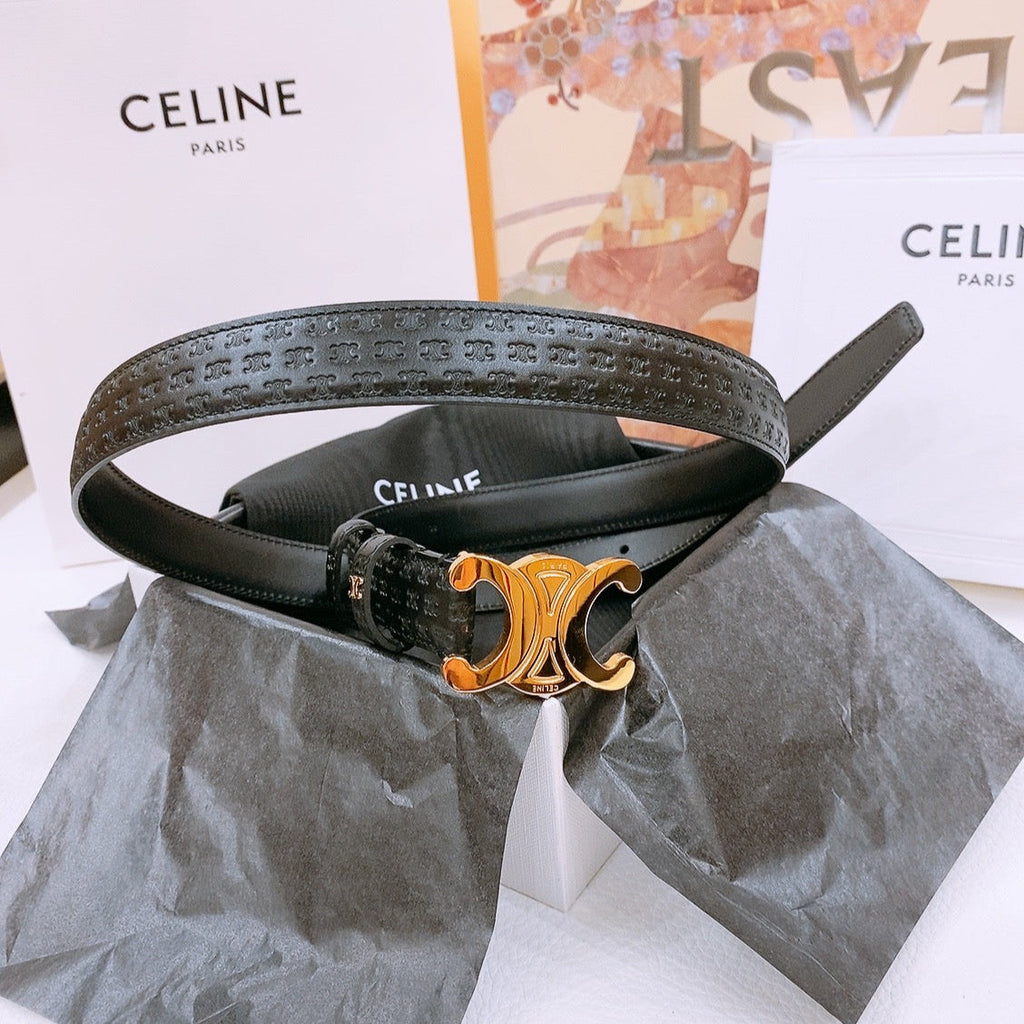 CELINE 25S TRIOMPHE BELT 25MM IN BLACK CALFSKIN DEBOSSED LOGO 570965