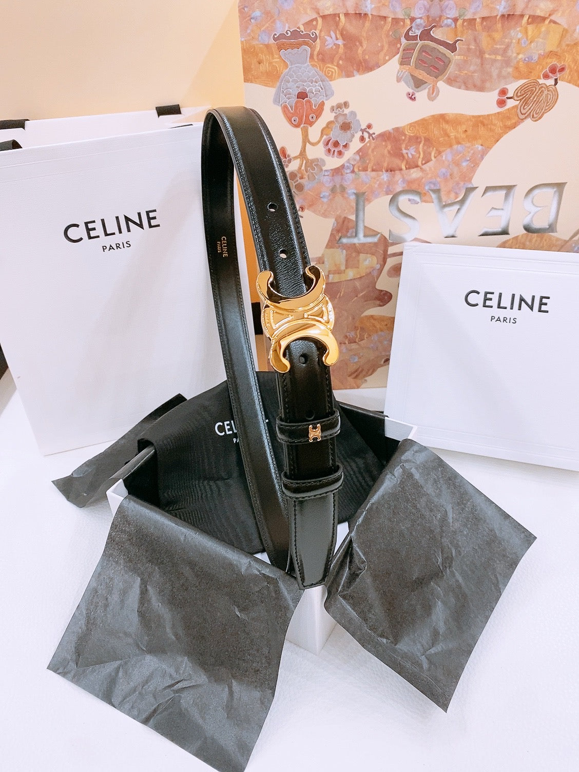 CELINE 25S TRIOMPHE BELT 25MM IN BLACK GLOSSY CALFSKIN GOLD HARDWARE 570968
