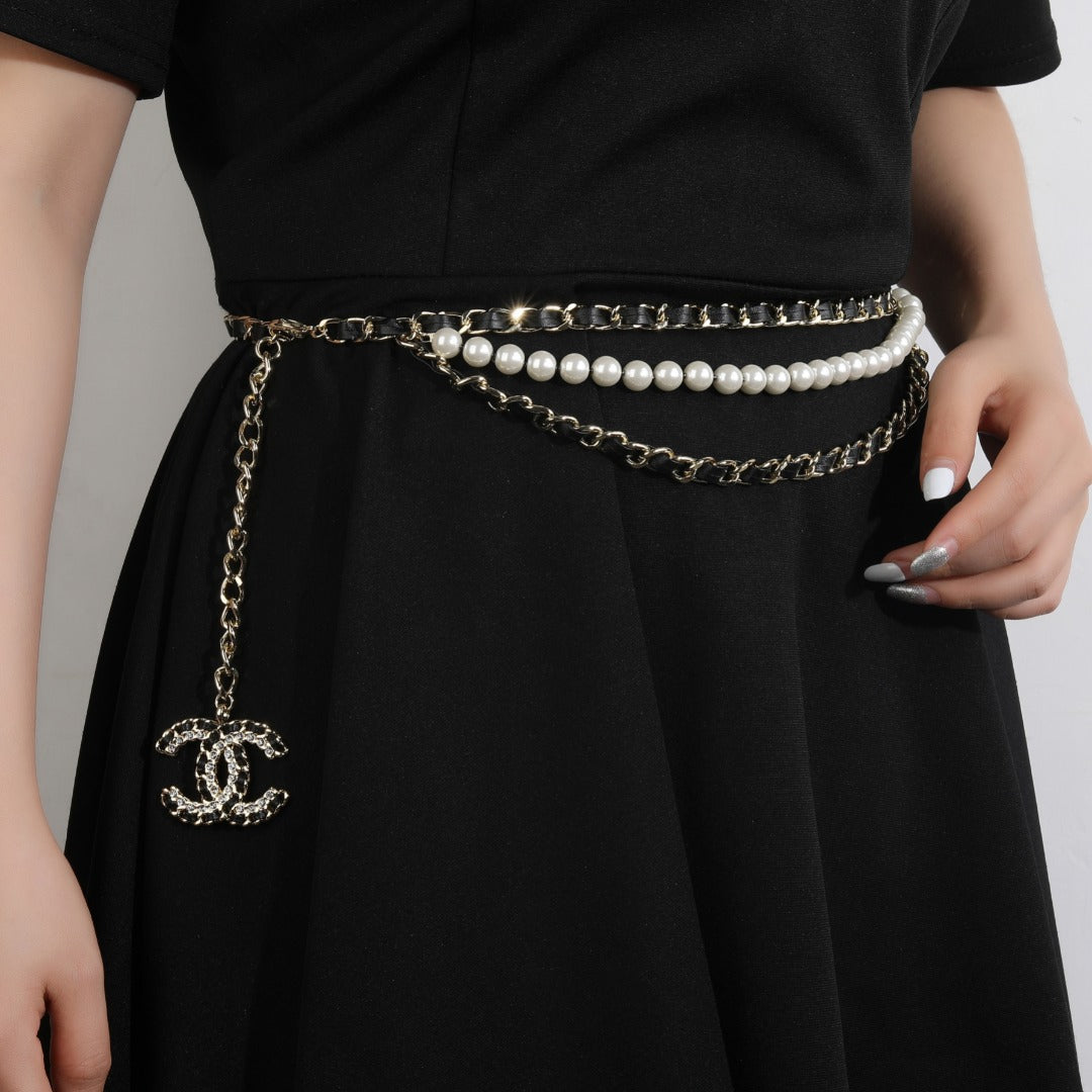 CHANEL 25S CHAIN BELT IN WHITE PEARL AND BLACK CALFSKIN 612711